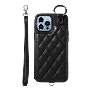 For iPhone 13 Pro Max Rhombic Texture Card Bag Phone Case with Short Lanyard(Black)