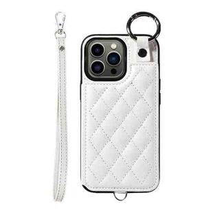 For iPhone 13 Pro Rhombic Texture Card Bag Phone Case with Short Lanyard(White)