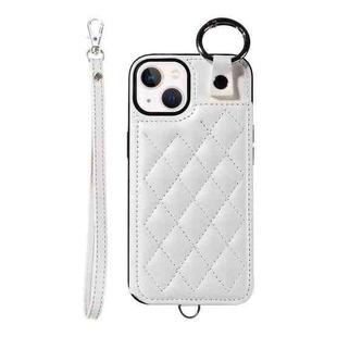 For iPhone 13 Rhombic Texture Card Bag Phone Case with Short Lanyard(White)