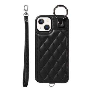 For iPhone 13 Rhombic Texture Card Bag Phone Case with Short Lanyard(Black)