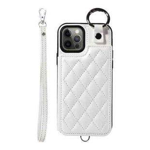 For iPhone 12 / 12 Pro Rhombic Texture Card Bag Phone Case with Short Lanyard(White)