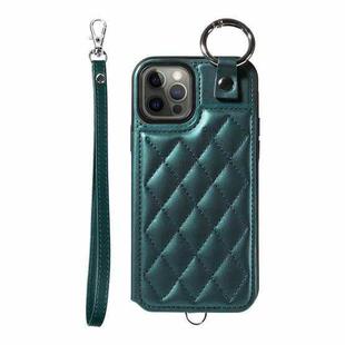 For iPhone 12 / 12 Pro Rhombic Texture Card Bag Phone Case with Short Lanyard(Green)