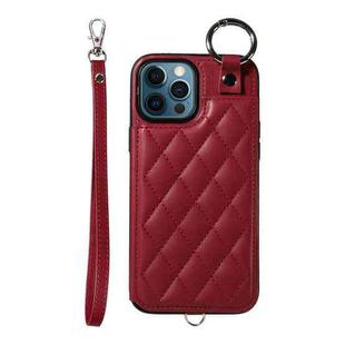 For iPhone 12 Pro Max Rhombic Texture Card Bag Phone Case with Short Lanyard(Wine Red)