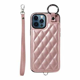 For iPhone 12 Pro Max Rhombic Texture Card Bag Phone Case with Short Lanyard(Rose Gold)