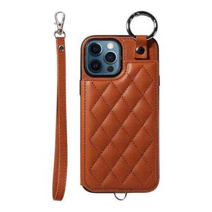 For iPhone 12 Pro Max Rhombic Texture Card Bag Phone Case with Short Lanyard(Brown)