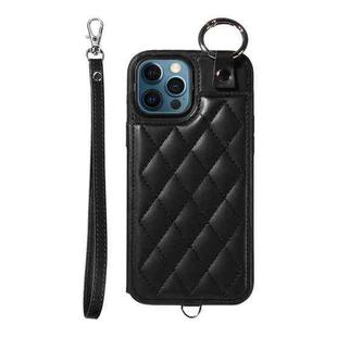 For iPhone 12 Pro Max Rhombic Texture Card Bag Phone Case with Short Lanyard(Black)