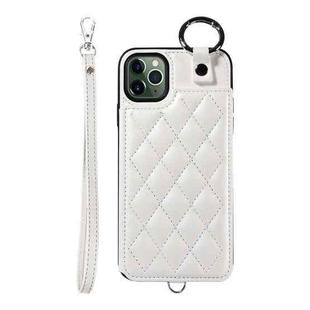 For iPhone 11 Pro Max Rhombic Texture Card Bag Phone Case with Short Lanyard(White)