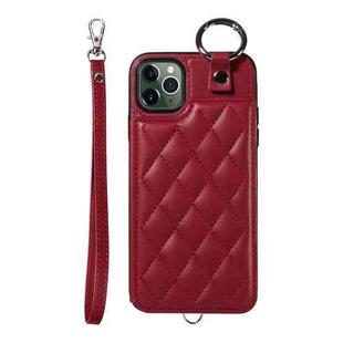 For iPhone 11 Pro Max Rhombic Texture Card Bag Phone Case with Short Lanyard(Wine Red)