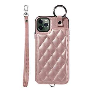 For iPhone 11 Pro Max Rhombic Texture Card Bag Phone Case with Short Lanyard(Rose Gold)