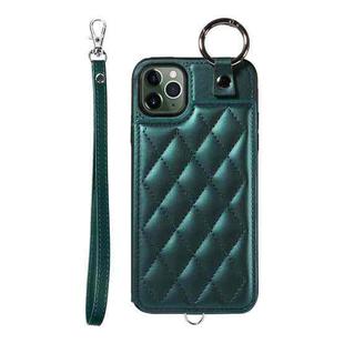 For iPhone 11 Pro Max Rhombic Texture Card Bag Phone Case with Short Lanyard(Green)