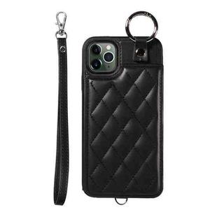 For iPhone 11 Pro Max Rhombic Texture Card Bag Phone Case with Short Lanyard(Black)