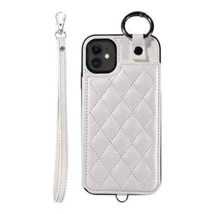 For iPhone 11 Rhombic Texture Card Bag Phone Case with Short Lanyard(White)