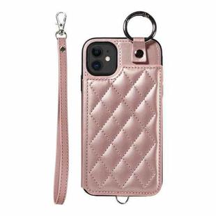 For iPhone 11 Rhombic Texture Card Bag Phone Case with Short Lanyard(Rose Gold)