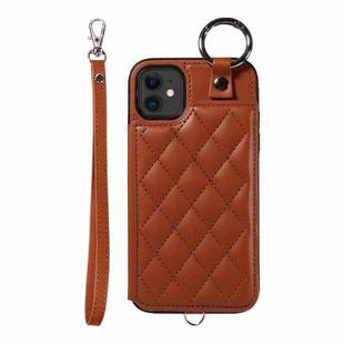 For iPhone 11 Rhombic Texture Card Bag Phone Case with Short Lanyard(Brown)