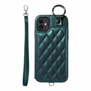 For iPhone 11 Rhombic Texture Card Bag Phone Case with Short Lanyard(Green)