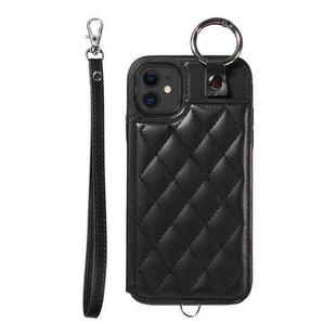 For iPhone 11 Rhombic Texture Card Bag Phone Case with Short Lanyard(Black)