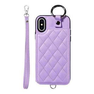 For iPhone XS / X Rhombic Texture Card Bag Phone Case with Short Lanyard(Purple)