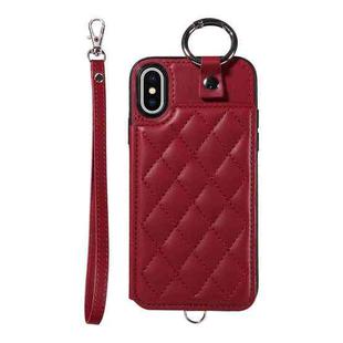 For iPhone XS / X Rhombic Texture Card Bag Phone Case with Short Lanyard(Wine Red)