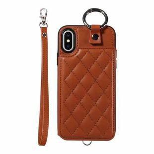 For iPhone XS / X Rhombic Texture Card Bag Phone Case with Short Lanyard(Brown)