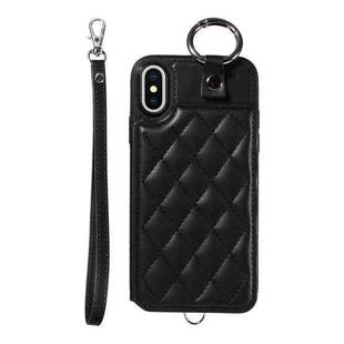 For iPhone XS / X Rhombic Texture Card Bag Phone Case with Short Lanyard(Black)