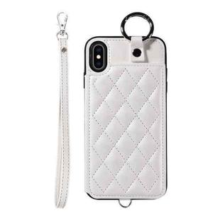 For iPhone XS Max Rhombic Texture Card Bag Phone Case with Short Lanyard(White)