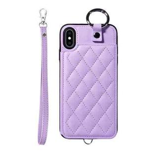For iPhone XS Max Rhombic Texture Card Bag Phone Case with Short Lanyard(Purple)