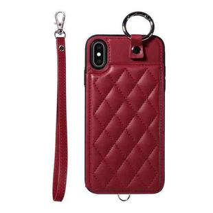 For iPhone XS Max Rhombic Texture Card Bag Phone Case with Short Lanyard(Wine Red)
