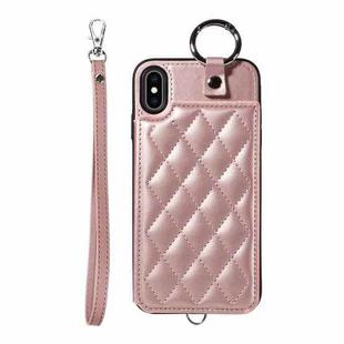 For iPhone XS Max Rhombic Texture Card Bag Phone Case with Short Lanyard(Rose Gold)