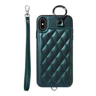 For iPhone XS Max Rhombic Texture Card Bag Phone Case with Short Lanyard(Green)