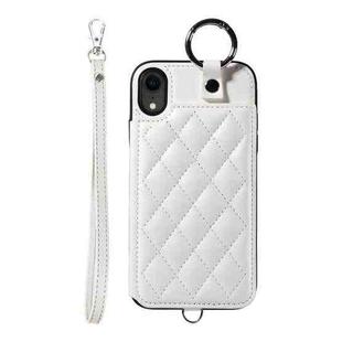 For iPhone XR Rhombic Texture Card Bag Phone Case with Short Lanyard(White)