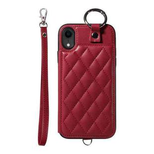 For iPhone XR Rhombic Texture Card Bag Phone Case with Short Lanyard(Wine Red)