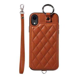 For iPhone XR Rhombic Texture Card Bag Phone Case with Short Lanyard(Brown)