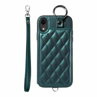 For iPhone XR Rhombic Texture Card Bag Phone Case with Short Lanyard(Green)