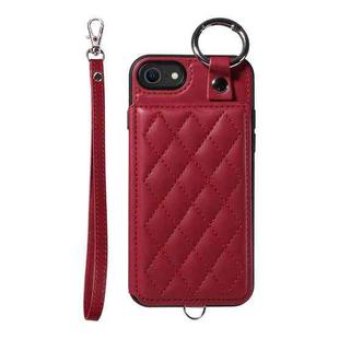 For iPhone SE 2022 / 2020 / 8 / 7 Rhombic Texture Card Bag Phone Case with Short Lanyard(Wine Red)