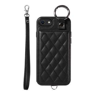 For iPhone SE 2022 / 2020 / 8 / 7 Rhombic Texture Card Bag Phone Case with Short Lanyard(Black)