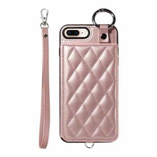 For iPhone 8 Plus / 7 Plus Rhombic Texture Card Bag Phone Case with Short Lanyard(Rose Gold)