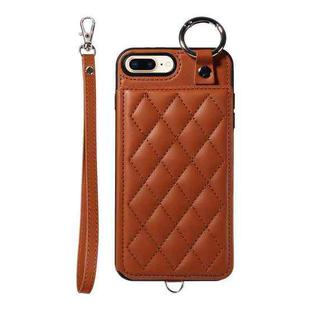 For iPhone 8 Plus / 7 Plus Rhombic Texture Card Bag Phone Case with Short Lanyard(Brown)