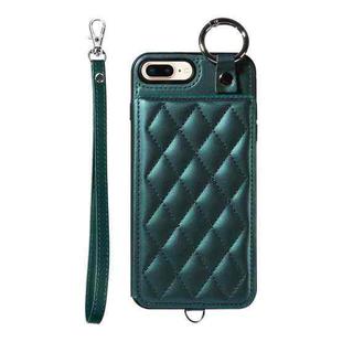 For iPhone 8 Plus / 7 Plus Rhombic Texture Card Bag Phone Case with Short Lanyard(Green)