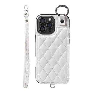 For iPhone 16 Pro Max Rhombic Texture Card Bag Phone Case with Short Lanyard(White)