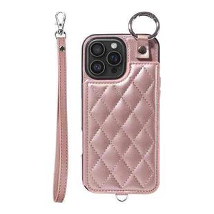 For iPhone 16 Pro Max Rhombic Texture Card Bag Phone Case with Short Lanyard(Rose Gold)