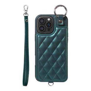 For iPhone 16 Pro Max Rhombic Texture Card Bag Phone Case with Short Lanyard(Green)