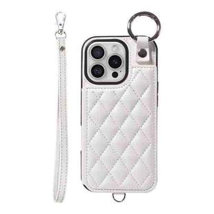 For iPhone 16 Pro Rhombic Texture Card Bag Phone Case with Short Lanyard(White)