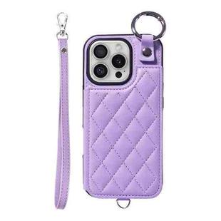 For iPhone 16 Pro Rhombic Texture Card Bag Phone Case with Short Lanyard(Purple)