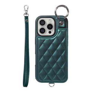 For iPhone 16 Pro Rhombic Texture Card Bag Phone Case with Short Lanyard(Green)