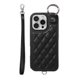 For iPhone 16 Pro Rhombic Texture Card Bag Phone Case with Short Lanyard(Black)