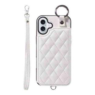 For iPhone 16 Plus Rhombic Texture Card Bag Phone Case with Short Lanyard(White)