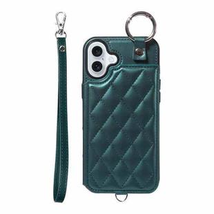 For iPhone 16 Plus Rhombic Texture Card Bag Phone Case with Short Lanyard(Green)