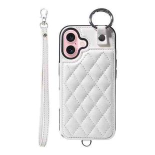 For iPhone 16 Rhombic Texture Card Bag Phone Case with Short Lanyard(White)