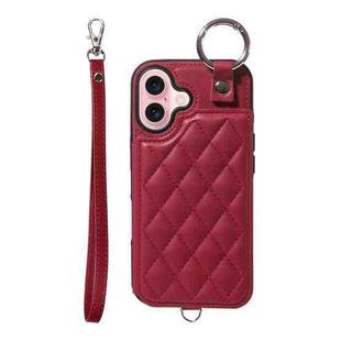 For iPhone 16 Rhombic Texture Card Bag Phone Case with Short Lanyard(Wine Red)