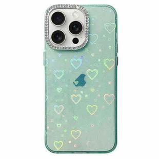 For iPhone 15 Pro Love Pattern Diamond Lens Frame IMD Acrylic Phone Case(Green)